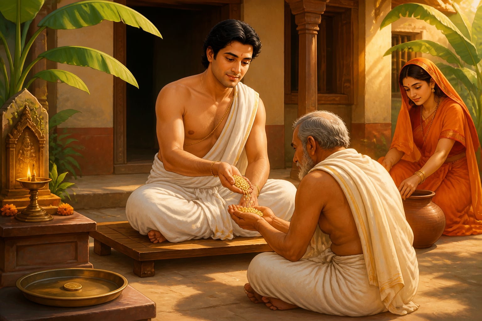 A Vedic householder distributing grain to family in his courtyard