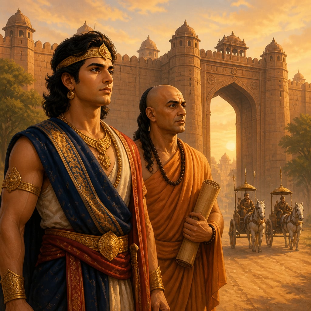 Chandragupta and Kautilya at the gates of Pataliputra at dawn