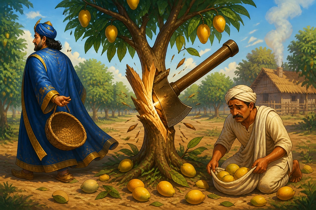 A bronze axe striking a fruit-bearing mango tree