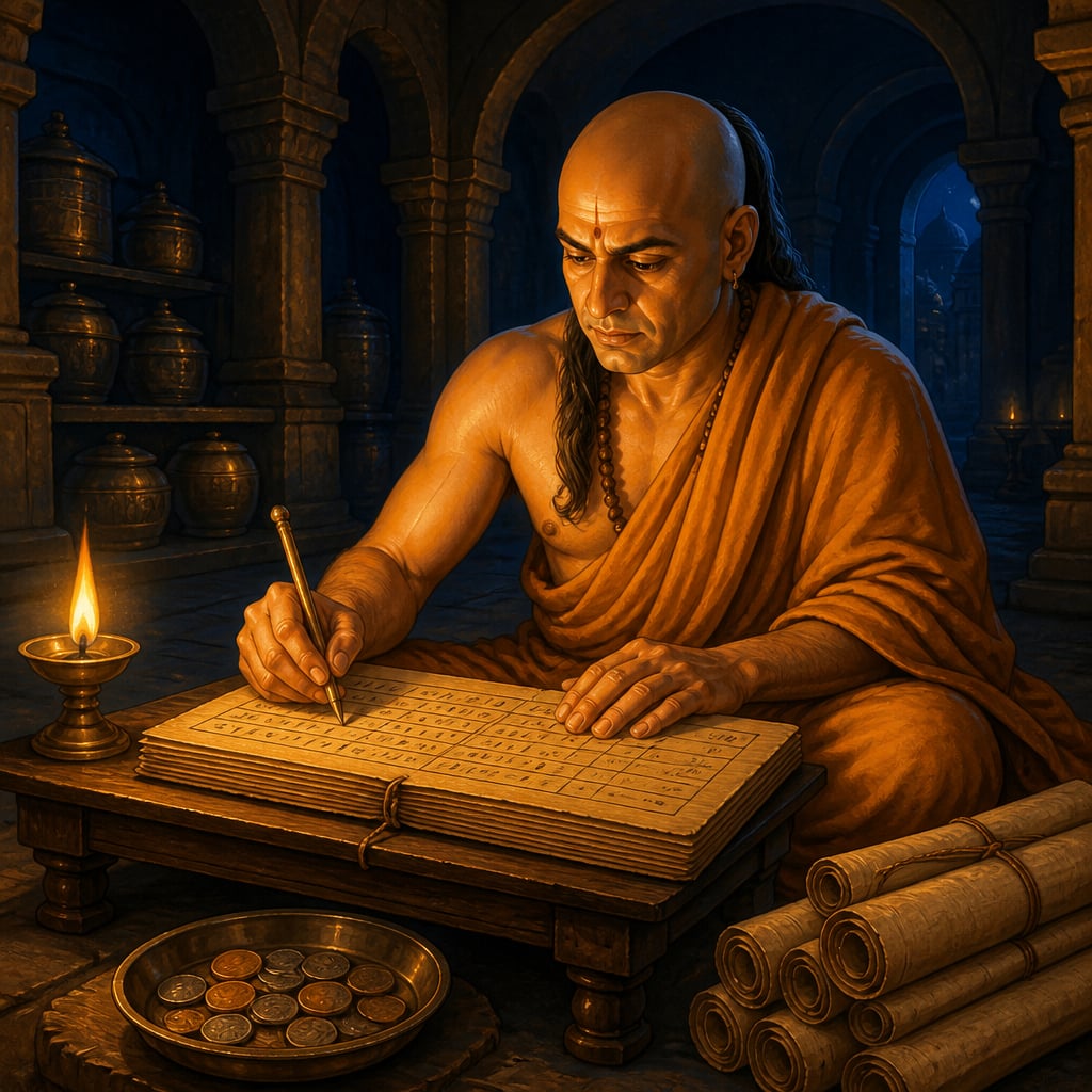 Kautilya by oil lamp in the Mauryan treasury chamber