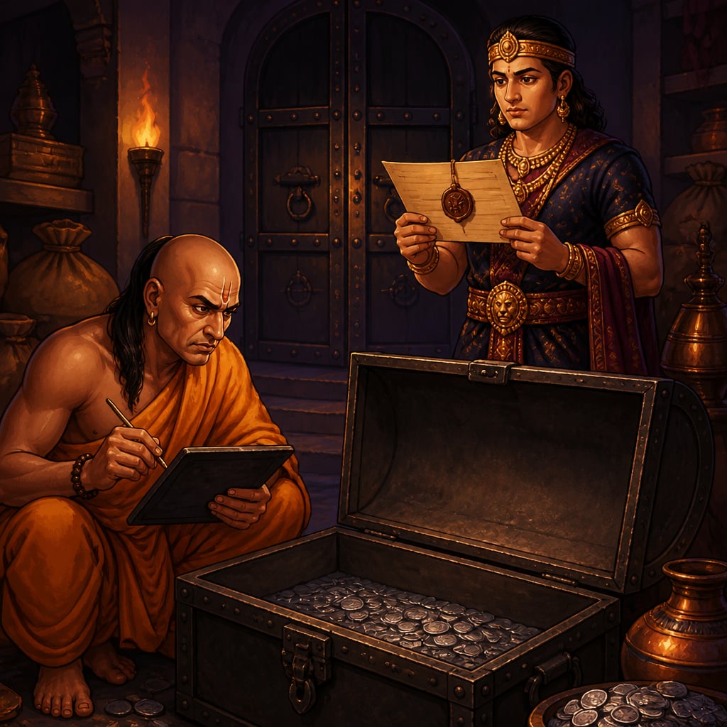 Kautilya and Chandragupta beside an empty treasury chest
