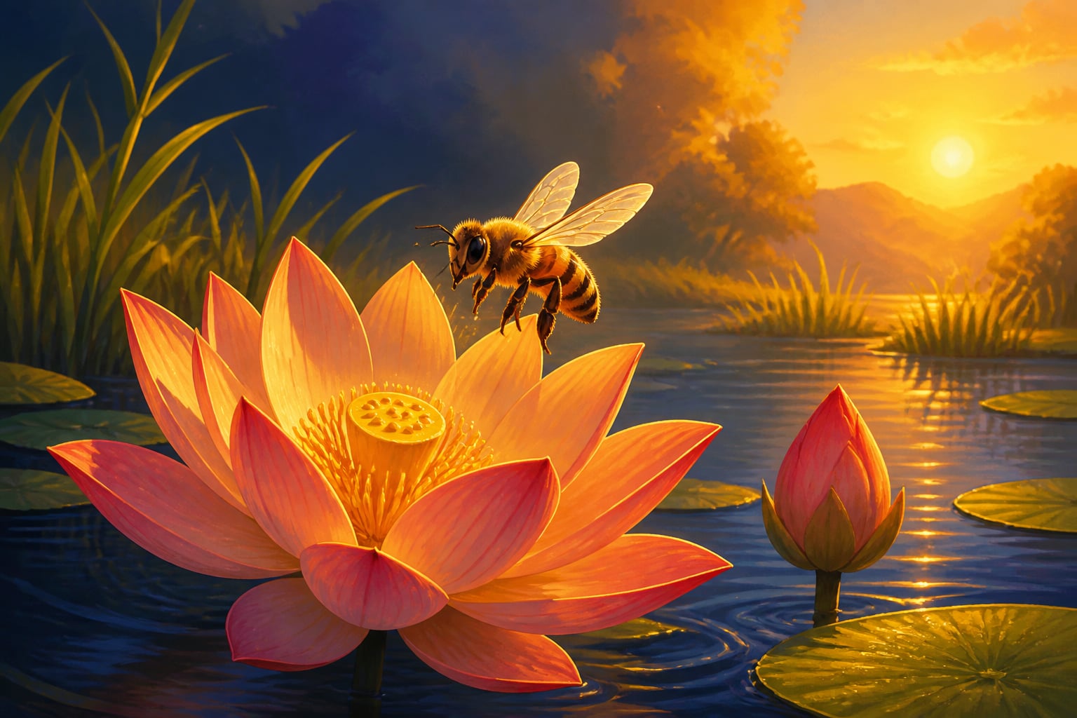 A honeybee gathering nectar from an open lotus