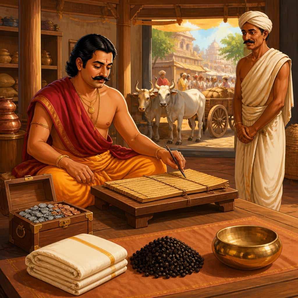 Dhananjaya the merchant in his trade hall