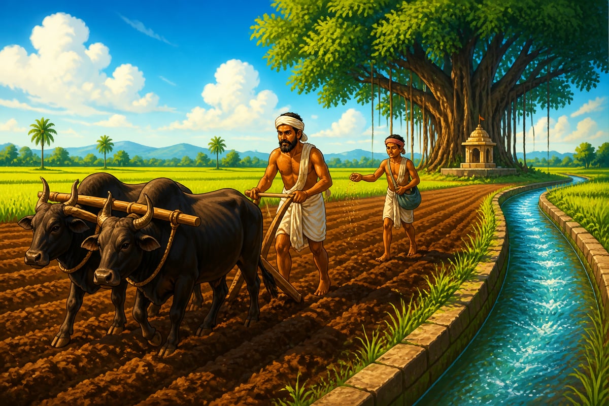 An ancient Indian farmer plowing his fields with oxen