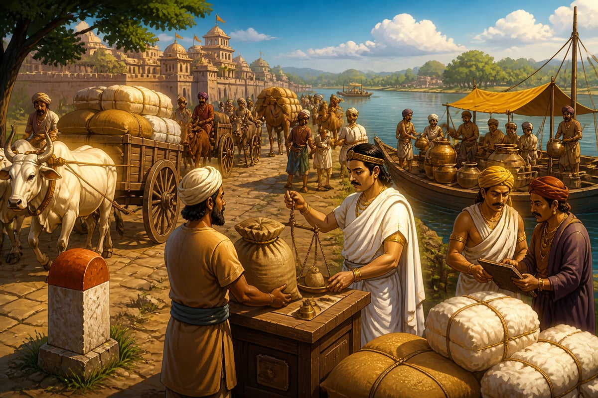 A trade caravan arriving at a riverside market town
