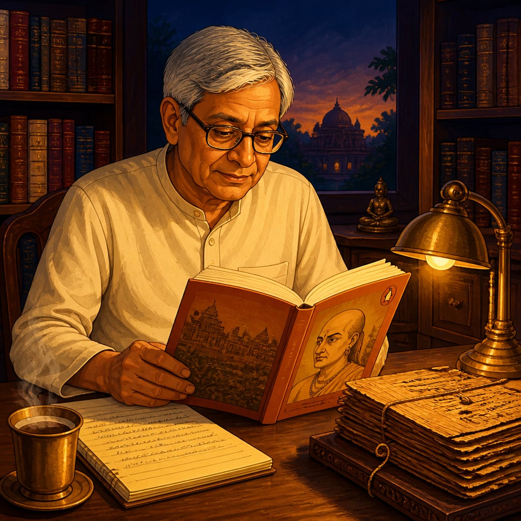 Bibek Debroy at his study desk at dusk