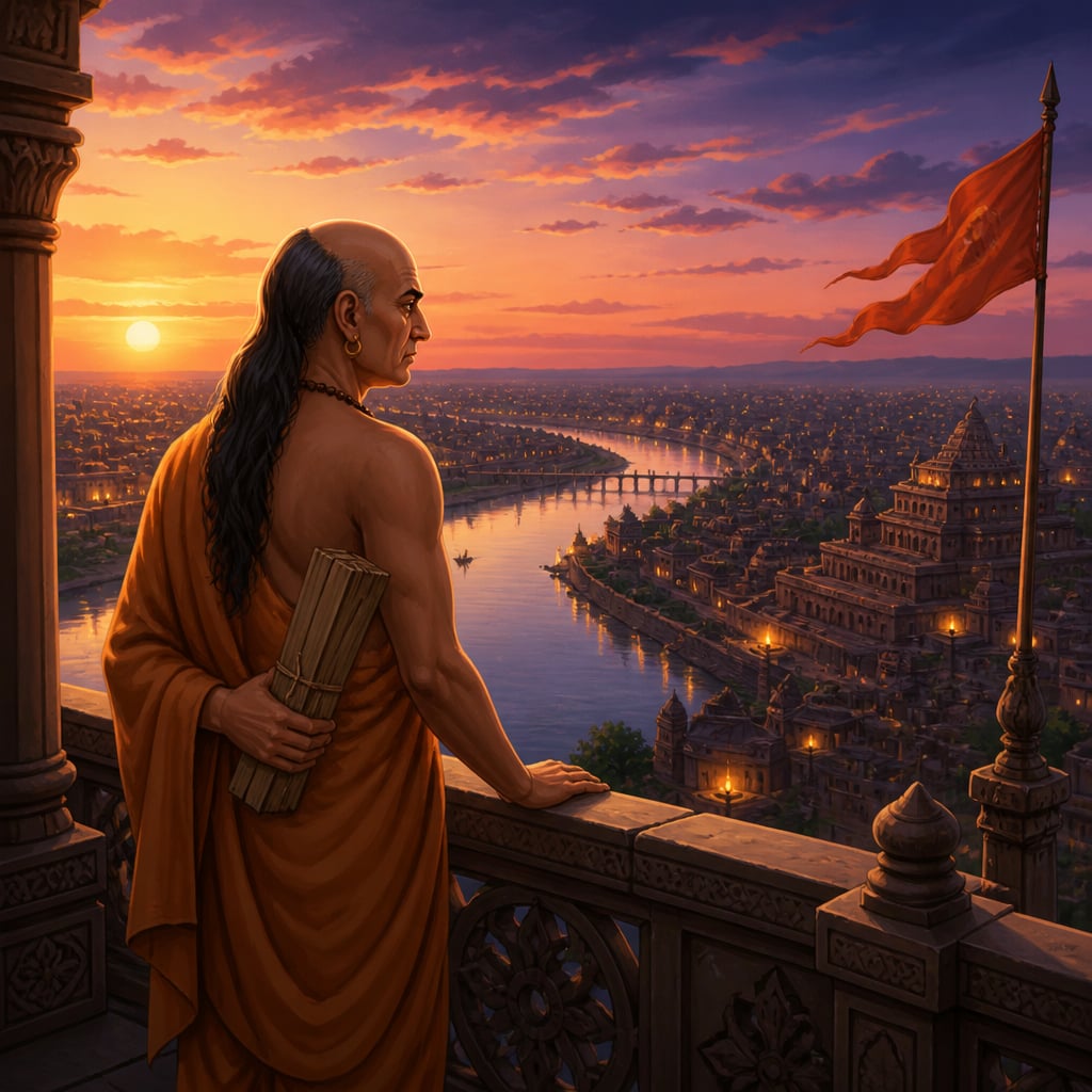 Kautilya standing on a balcony of Pataliputra at dusk