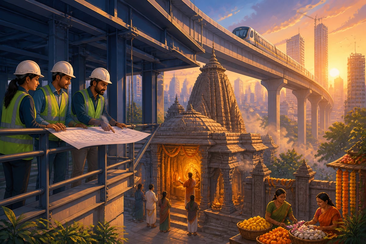 A new metro overpass curving over an ancient temple