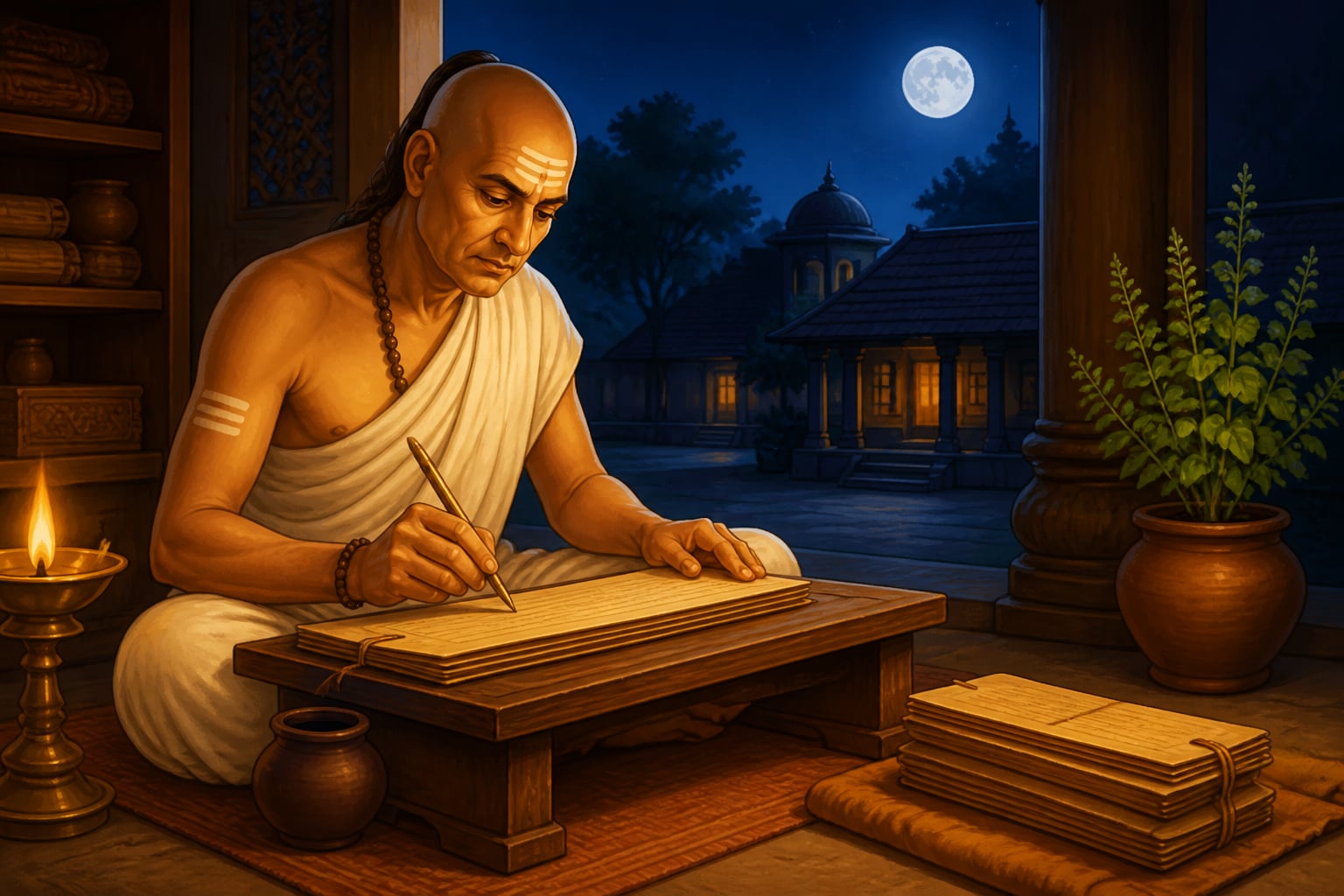 Kautilya composing the Arthashastra by oil-lamp light