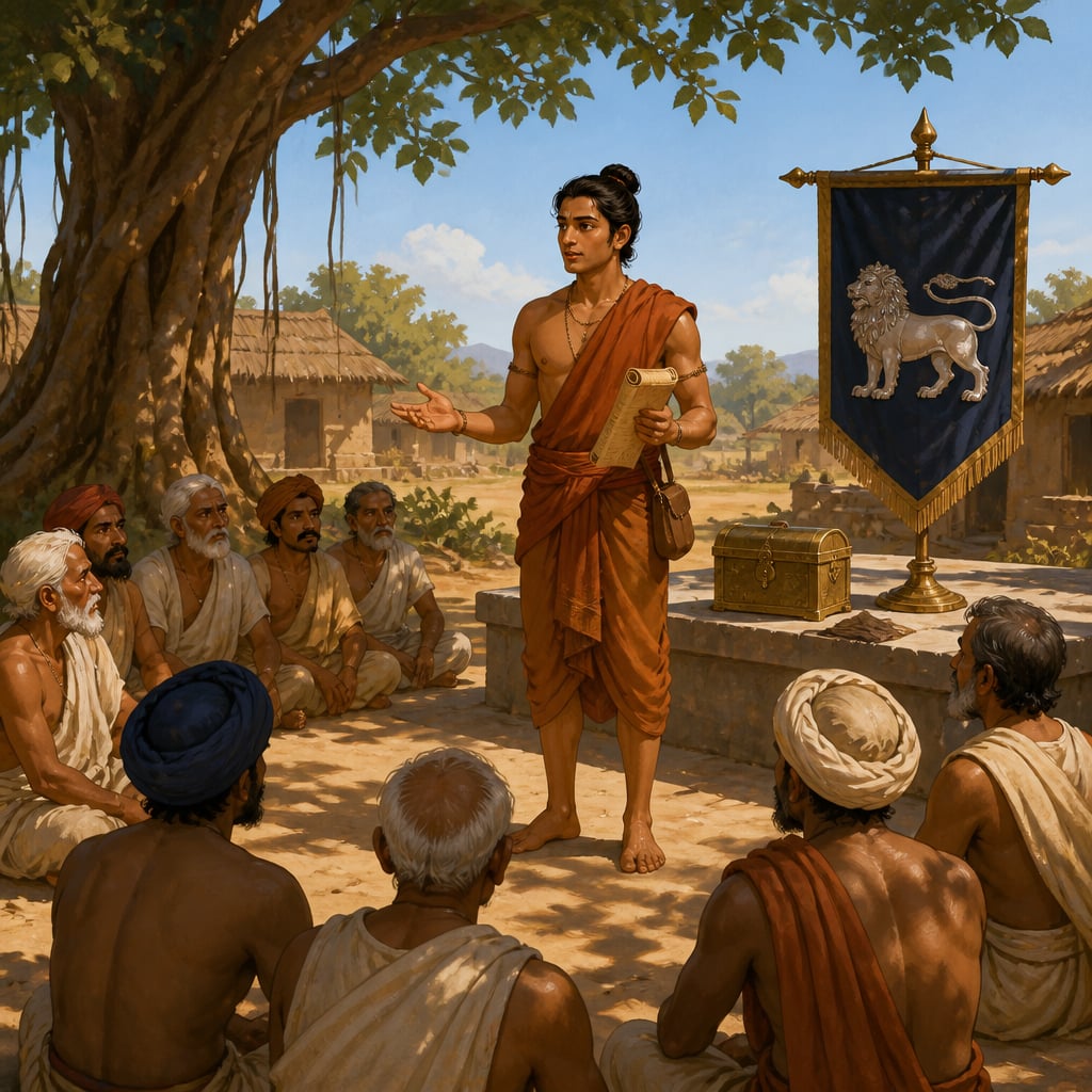 Vasubandhu the revenue officer addressing a village assembly in Avanti