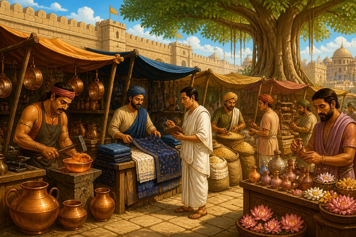 A Pataliputra market with diverse trades each contributing a modest share