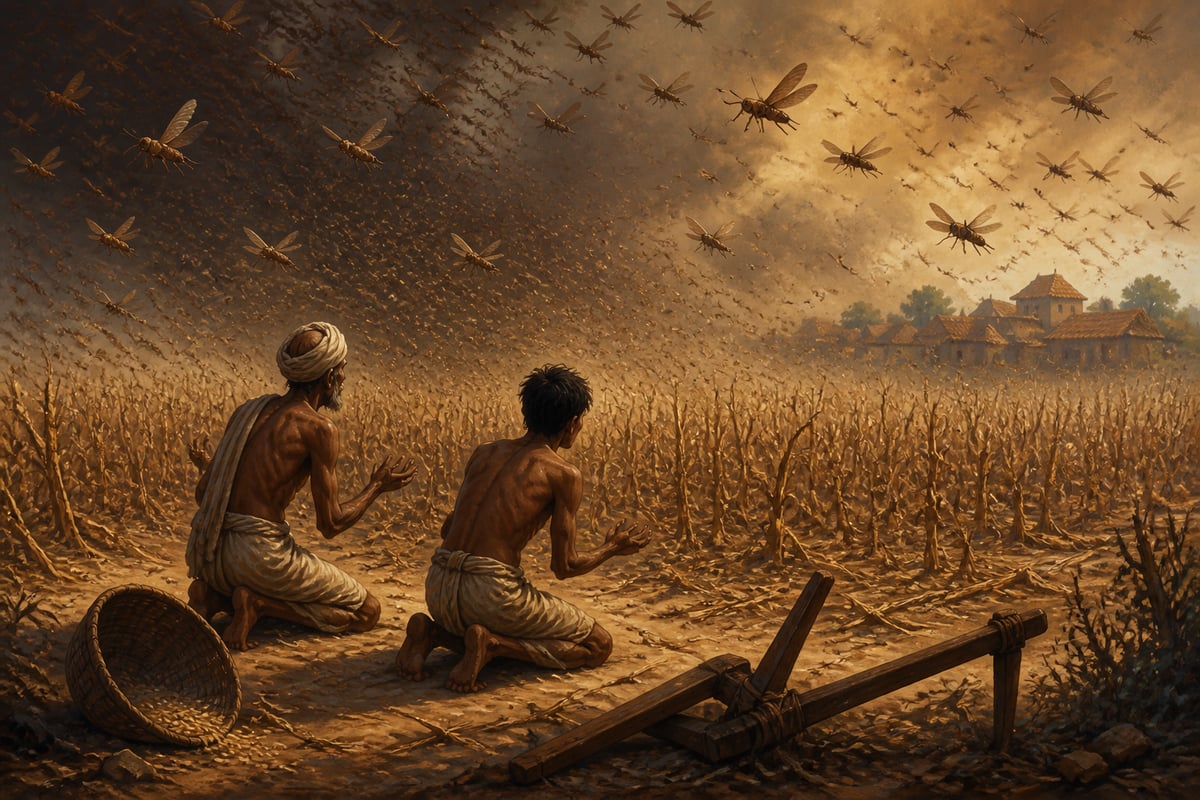 Locust swarm devastating a Mauryan millet field