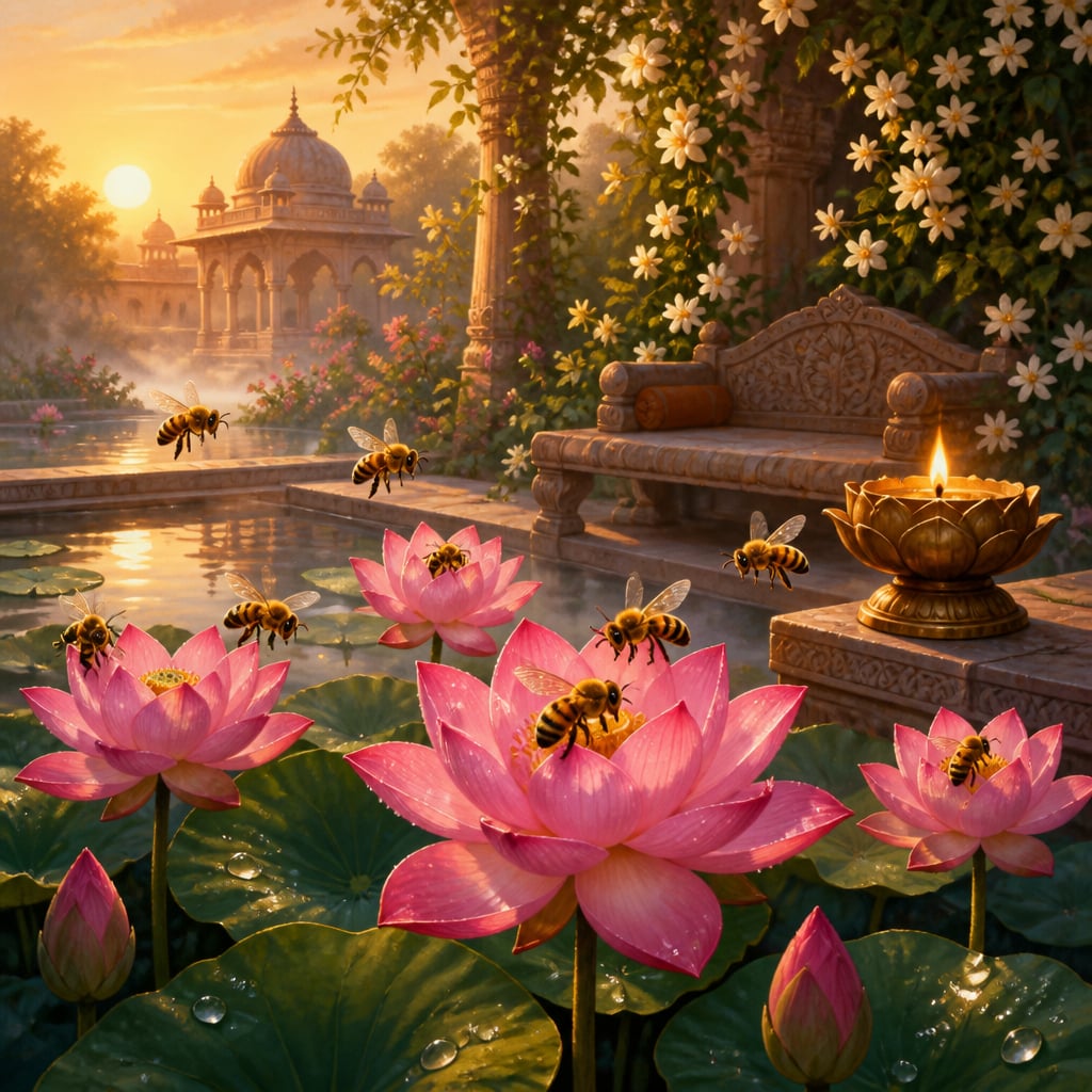 Honeybees gathering nectar from lotus blossoms in a royal Pataliputra garden