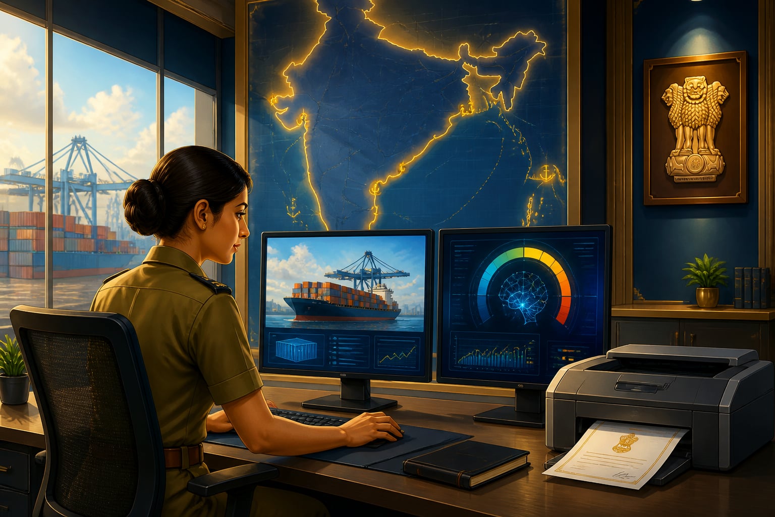 A modern Indian customs officer running faceless digital assessment