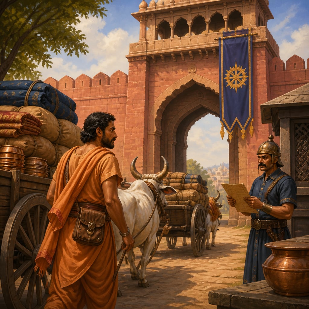 The merchant Pushyamitra approaching the customs gate of Ujjayini