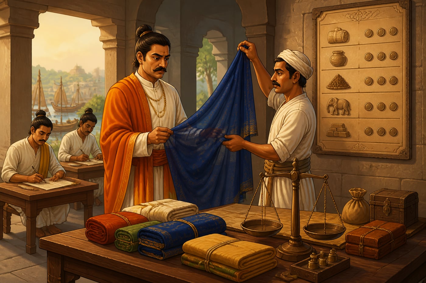 The Shulkadhyaksha examining indigo cloth at a Mauryan customs hall