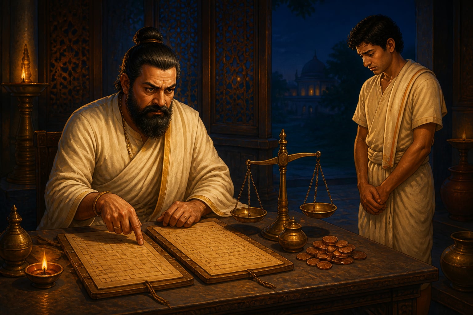 The Samahartri auditing palm-leaf ledgers and confronting a clerk