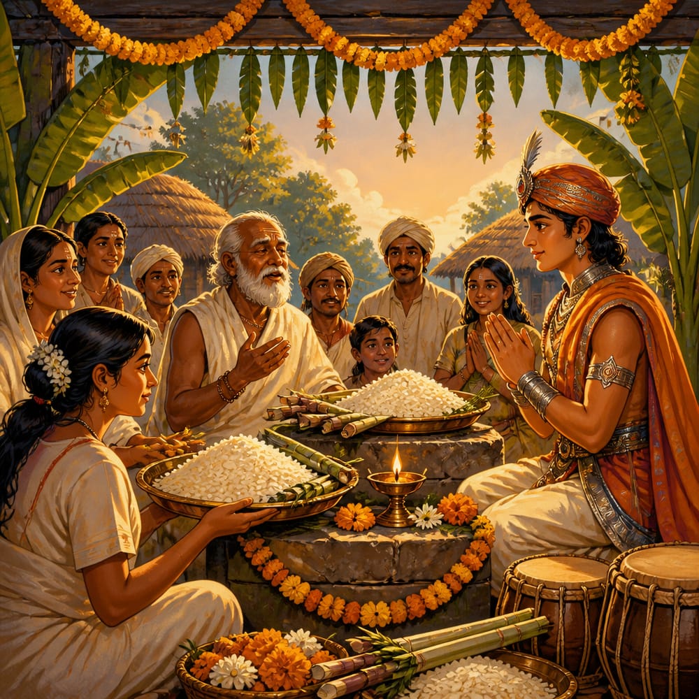 A Vaishali harvest festival offering voluntary tribute to a royal emissary