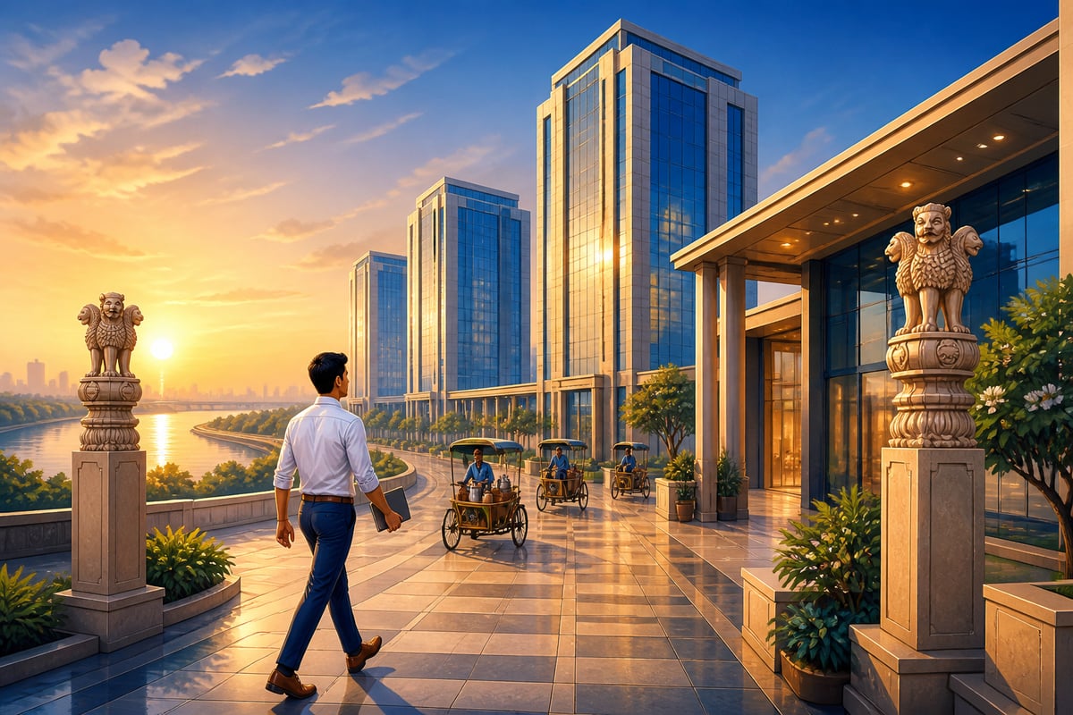 GIFT City towers at sunrise with a young fintech entrepreneur walking in