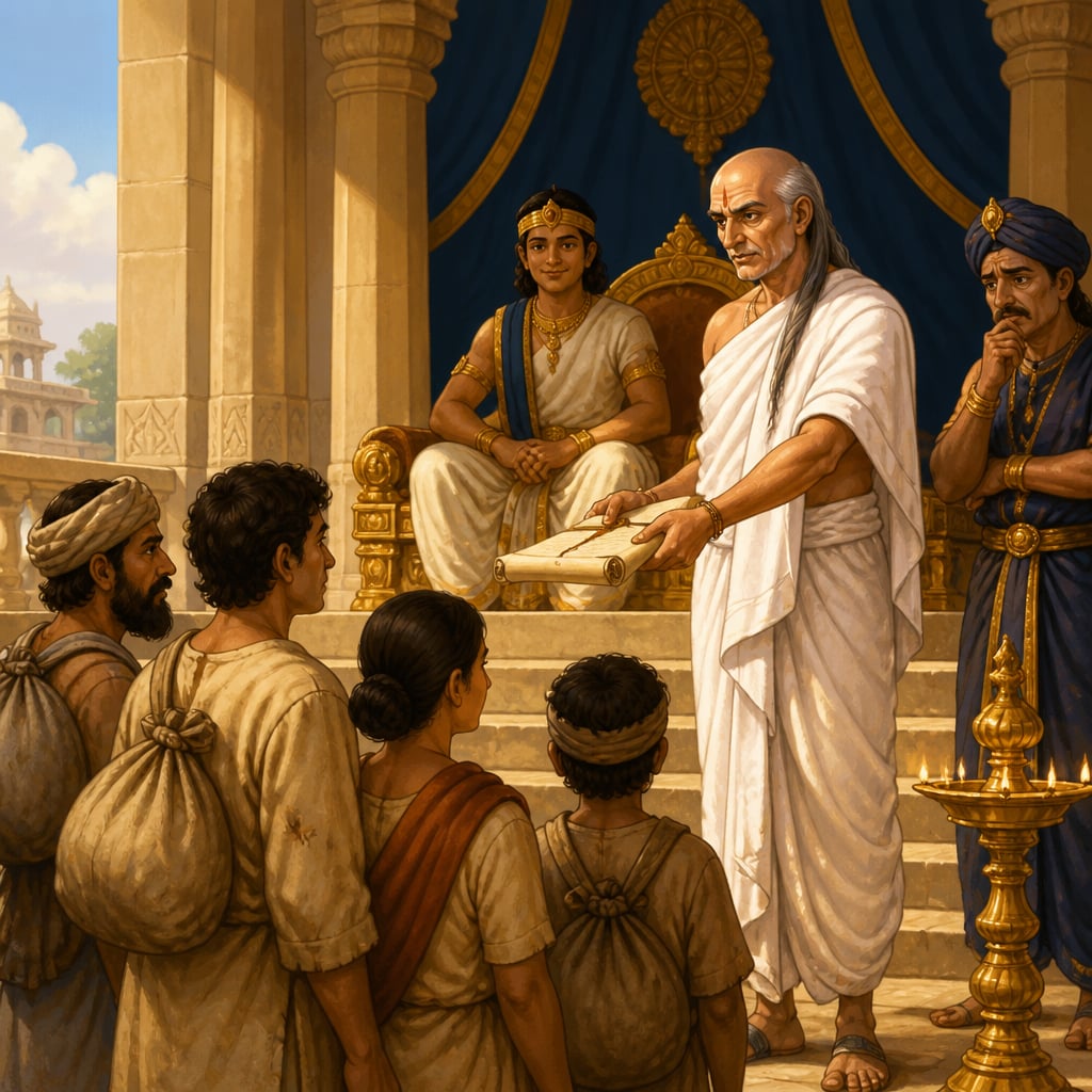 Mauryan settlers receiving a tax-free land grant from Kautilya at court