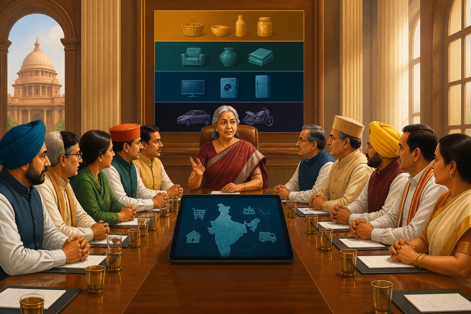 Nirmala Sitharaman chairing a GST Council session with state finance ministers