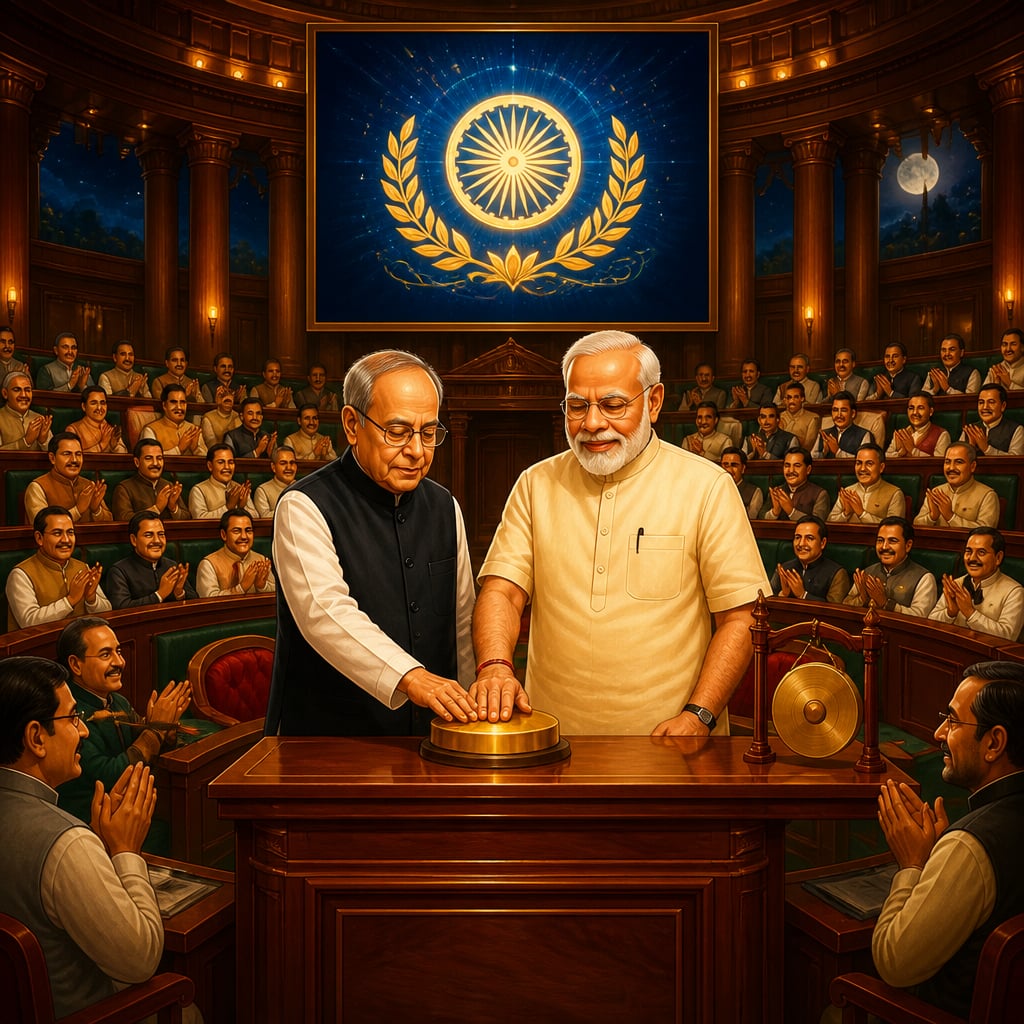 Modi and Mukherjee launching GST at midnight in the Central Hall of Parliament