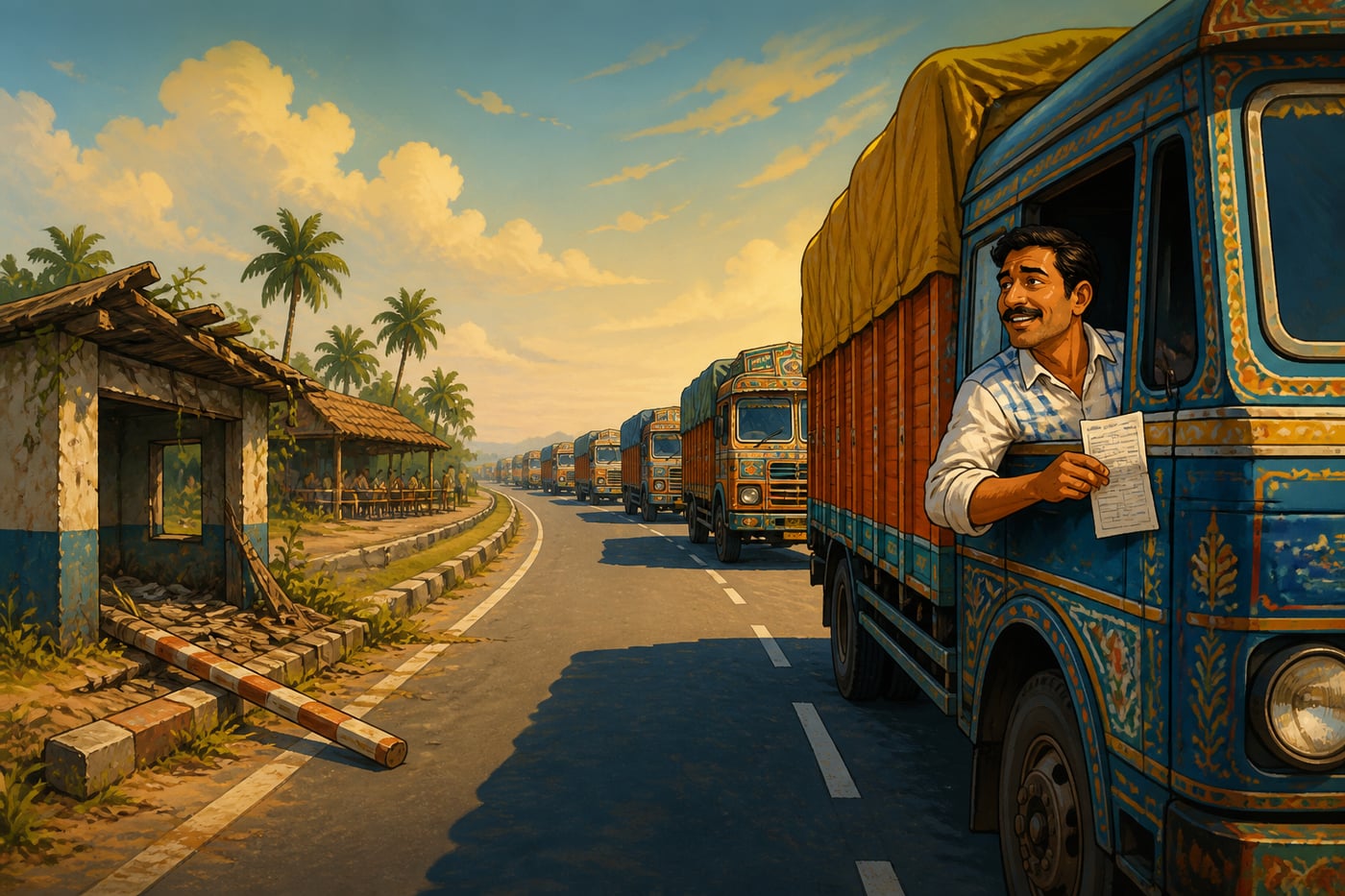 Indian freight trucks flowing freely past a crumbling interstate checkpoint