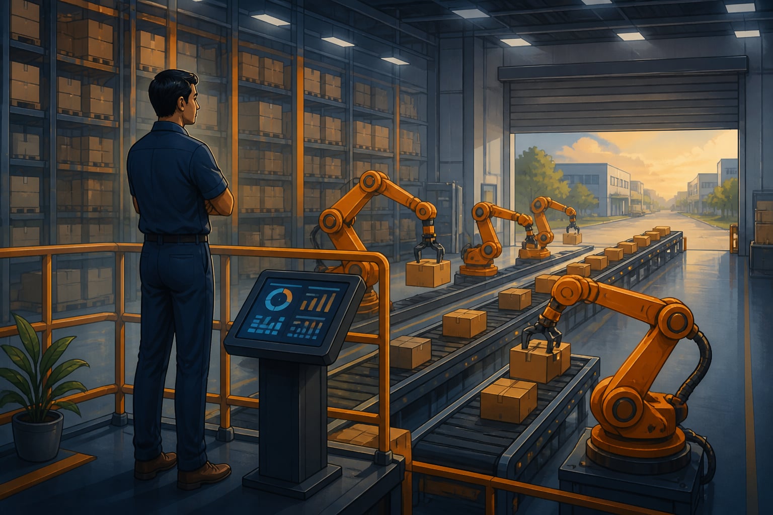 A modern automated Indian warehouse with robotic arms and one supervisor
