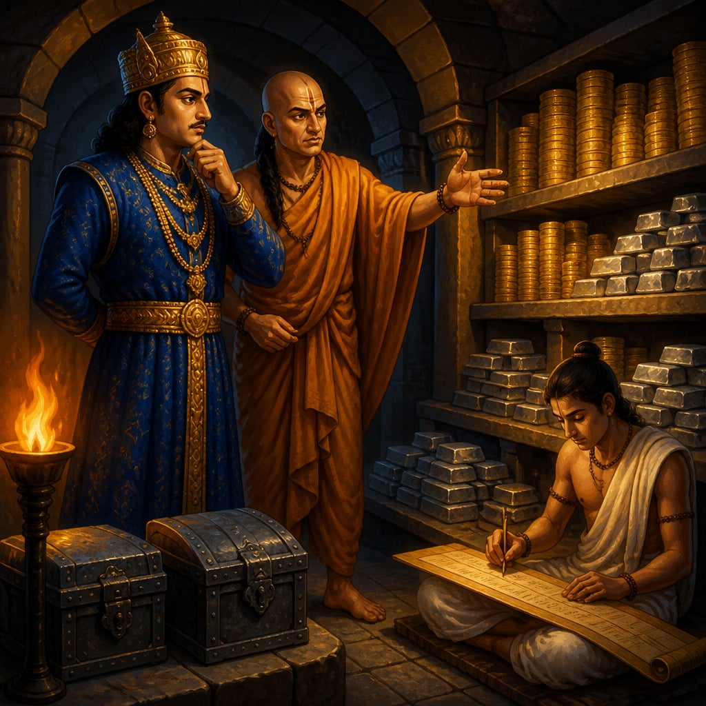 Chandragupta and Kautilya inside the Mauryan vault