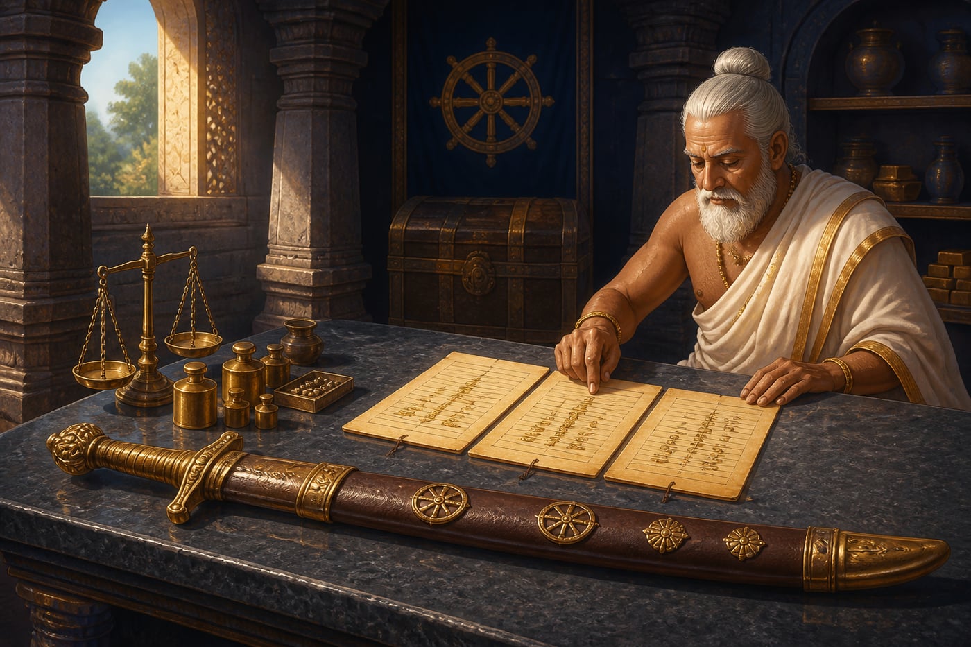 Sheathed sword resting on reserve-ratio palm leaves