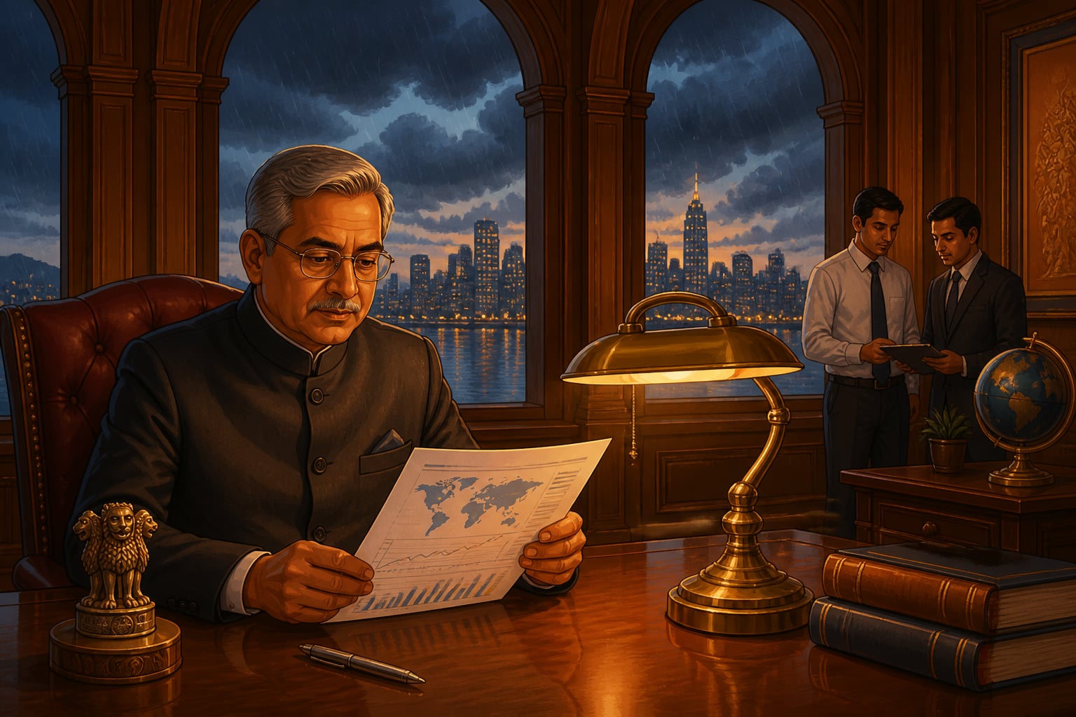 Calm RBI banker reviewing forex reserves at dusk
