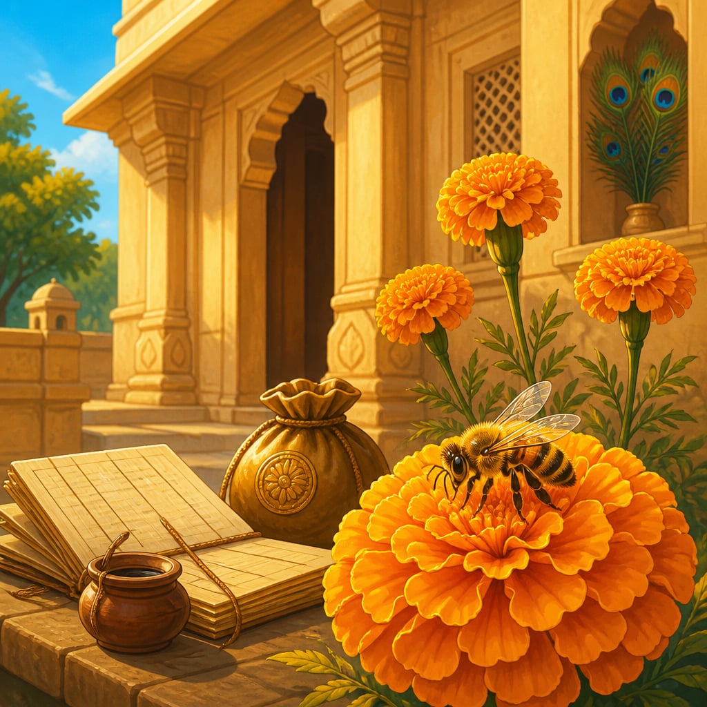 Honeybee on a marigold in a Mauryan courtyard