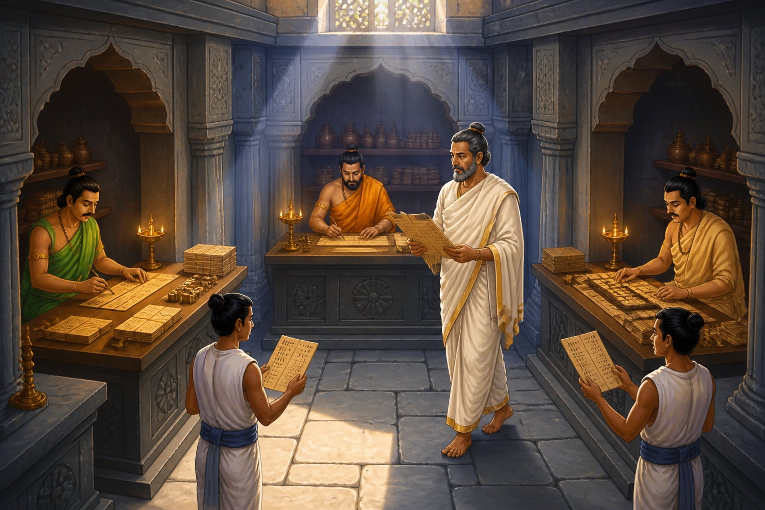 Three Mauryan officials maintaining parallel ledgers