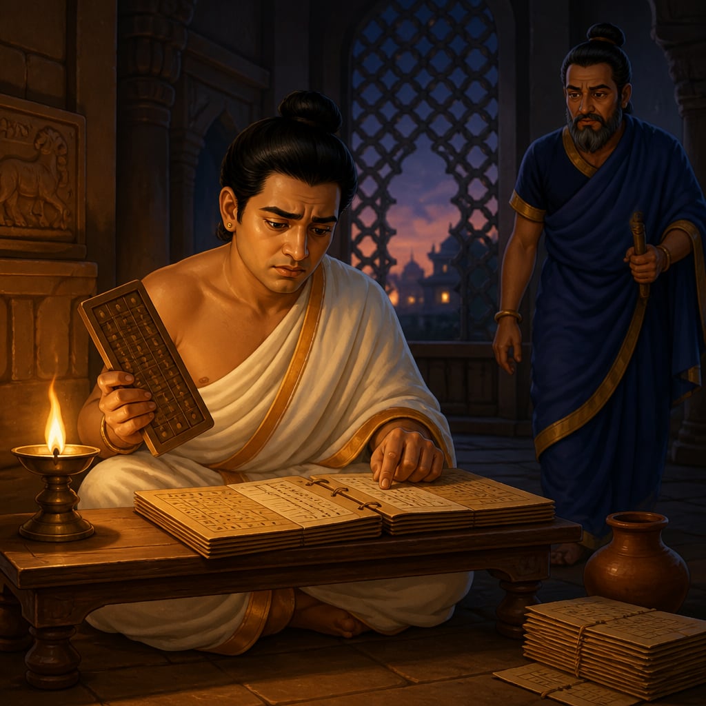 Vrishala cross-referencing two palm-leaf ledgers