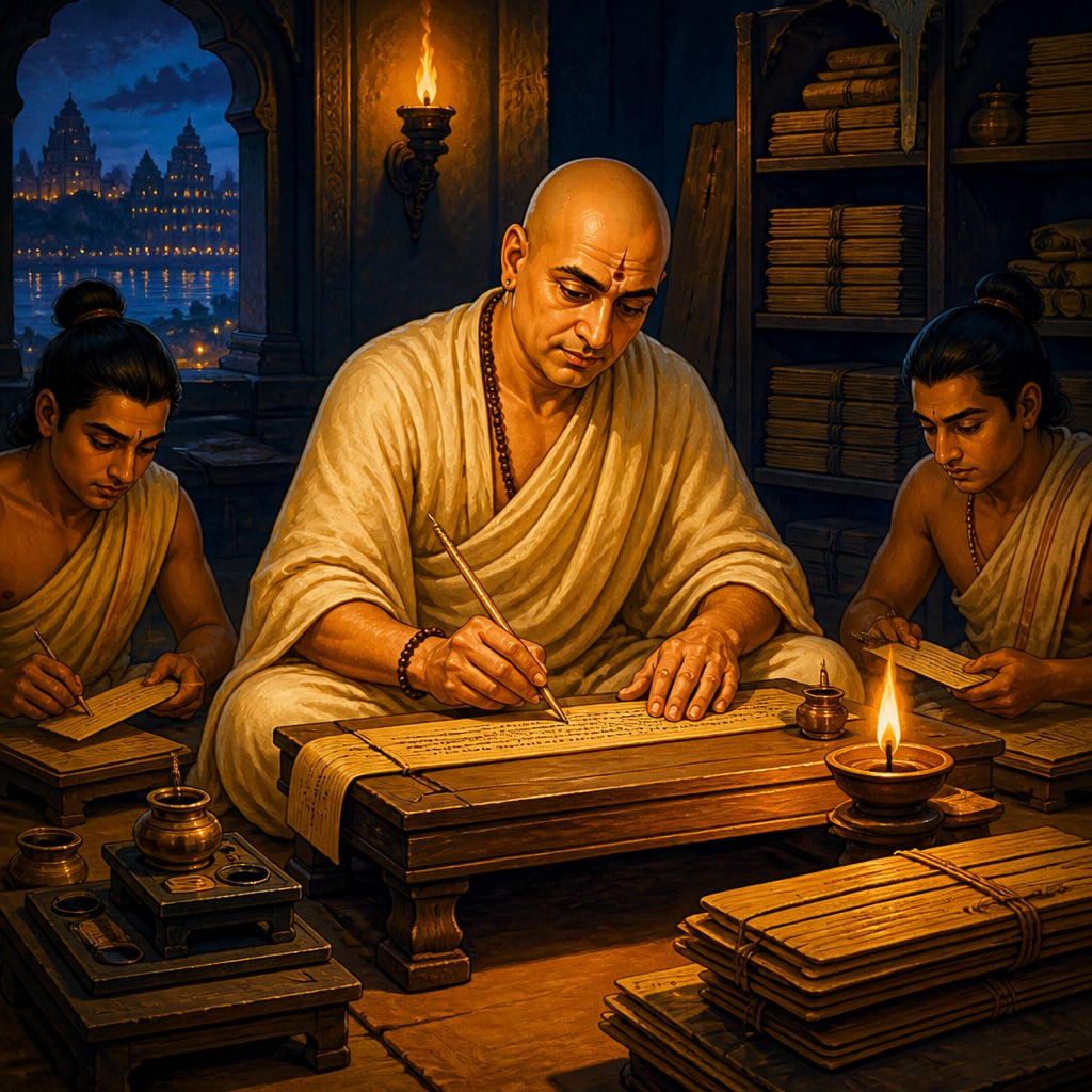 Kautilya composing the Arthashastra by lamplight
