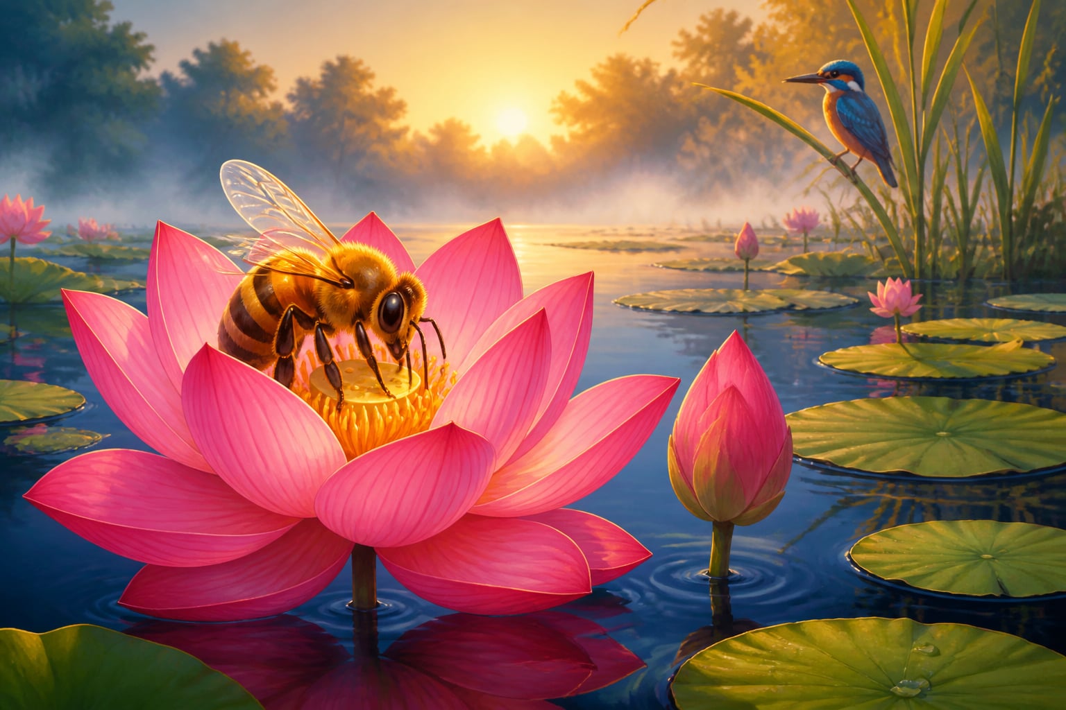 A honeybee gathering nectar from a lotus blossom
