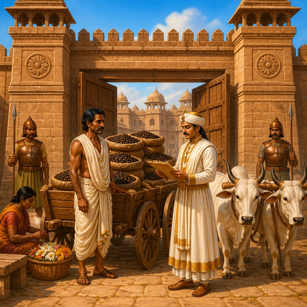The merchant Vasudeva inspected by the Panyadhyaksha at Pataliputra