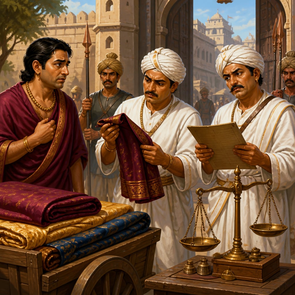 Shulkadhyaksha inspectors examine merchant Devadatta's silk at a city gate