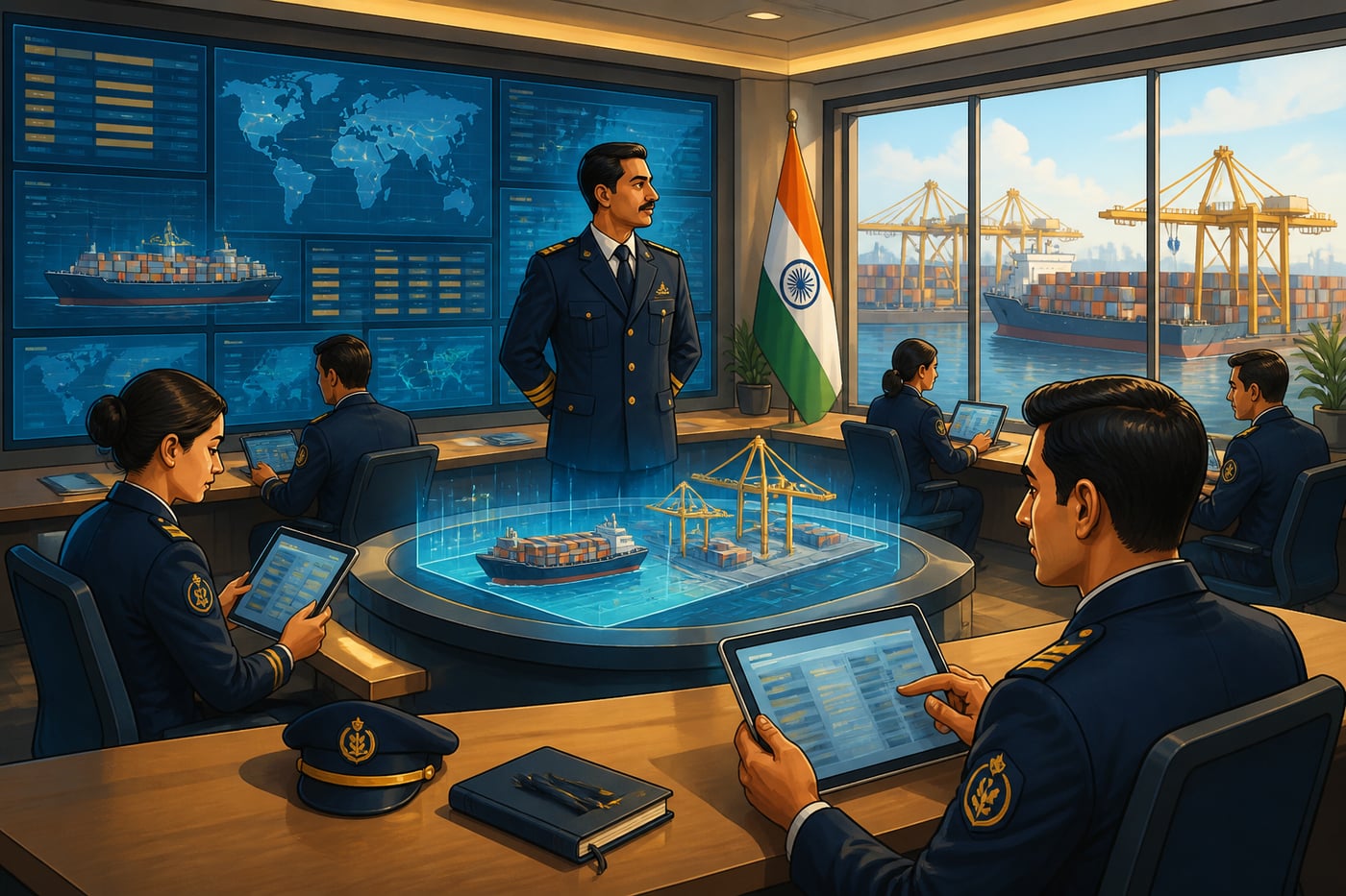 Modern Indian customs operations center with digital cargo screens