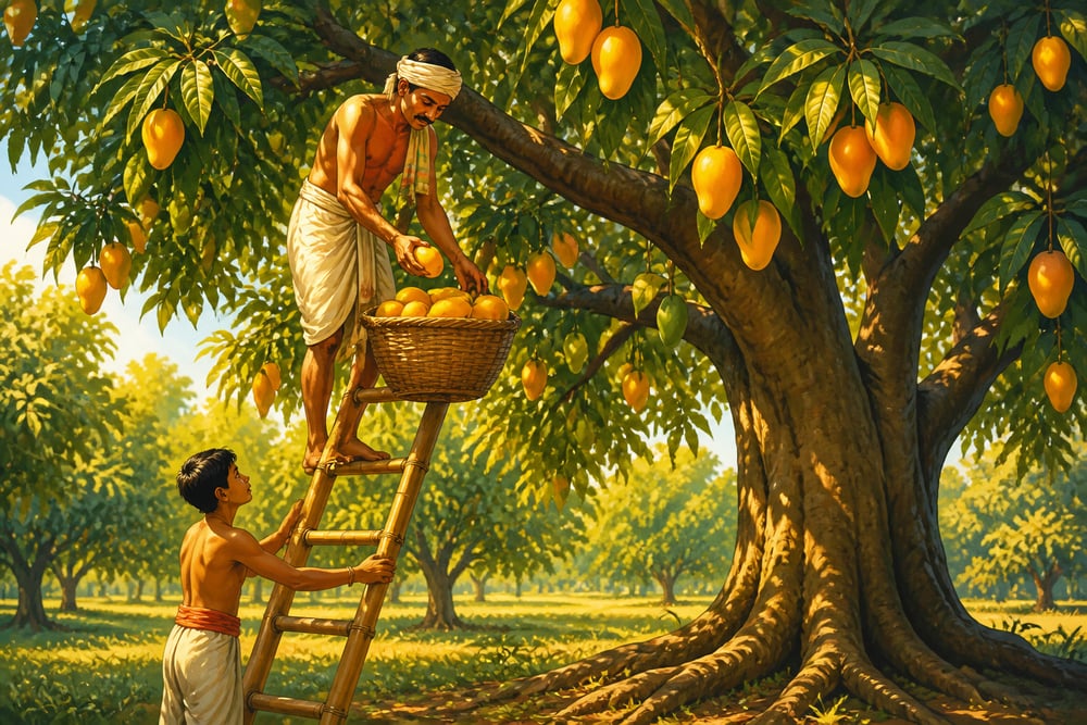 An orchard keeper harvesting ripe mangoes while leaving the tree intact