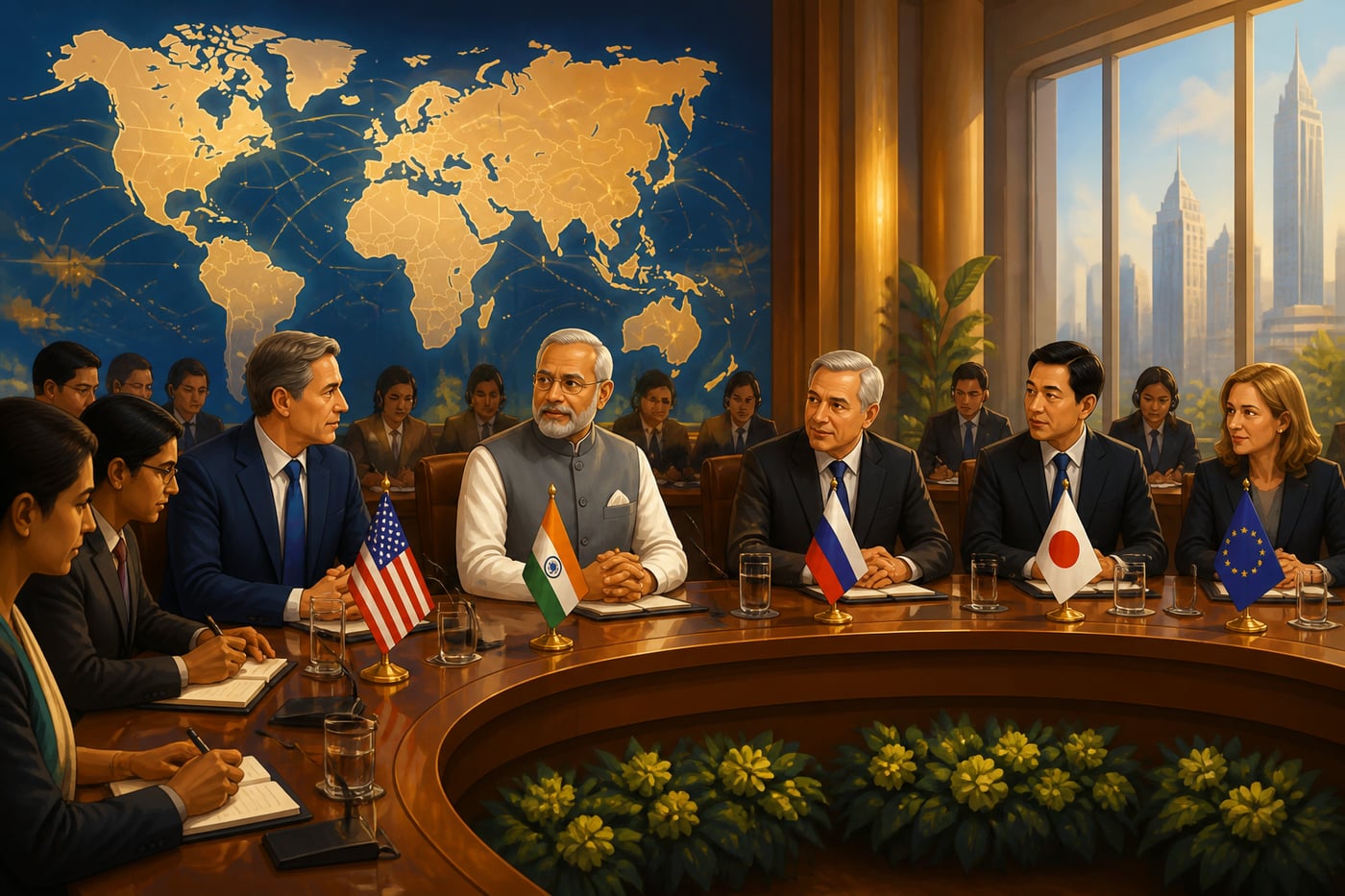 Indian foreign minister at a multilateral summit table