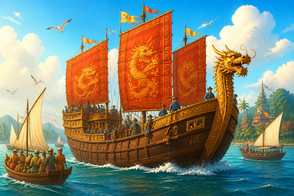 Zheng He's Ming dynasty treasure ship crossing the Indian Ocean