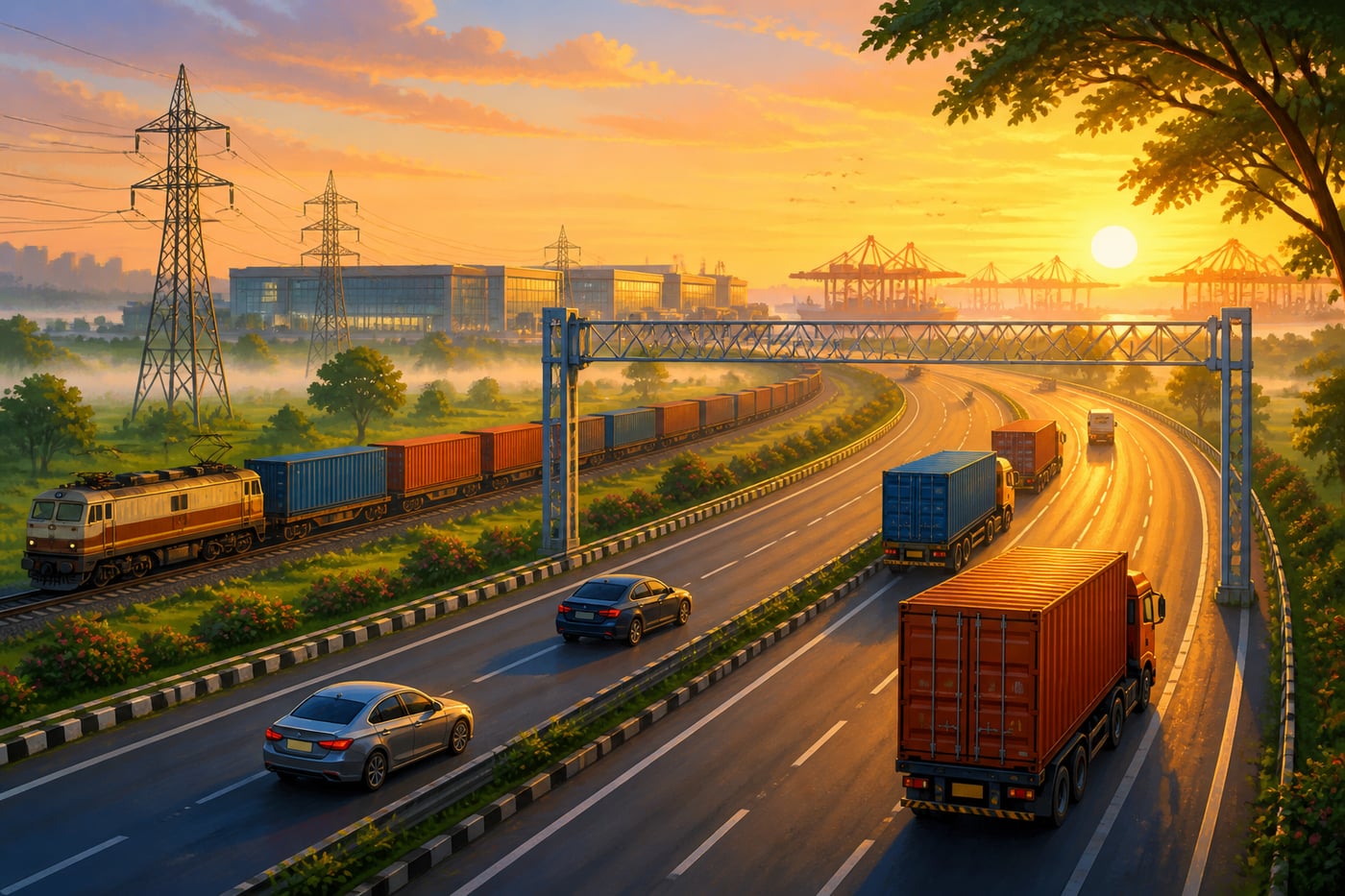 Modern Indian expressway with freight trucks at dawn
