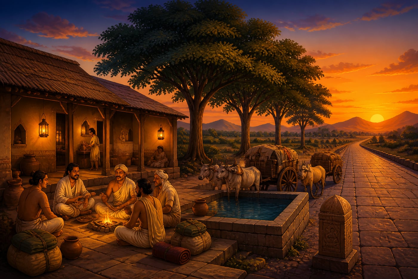 A Mauryan wayside rest house at dusk on the royal highway