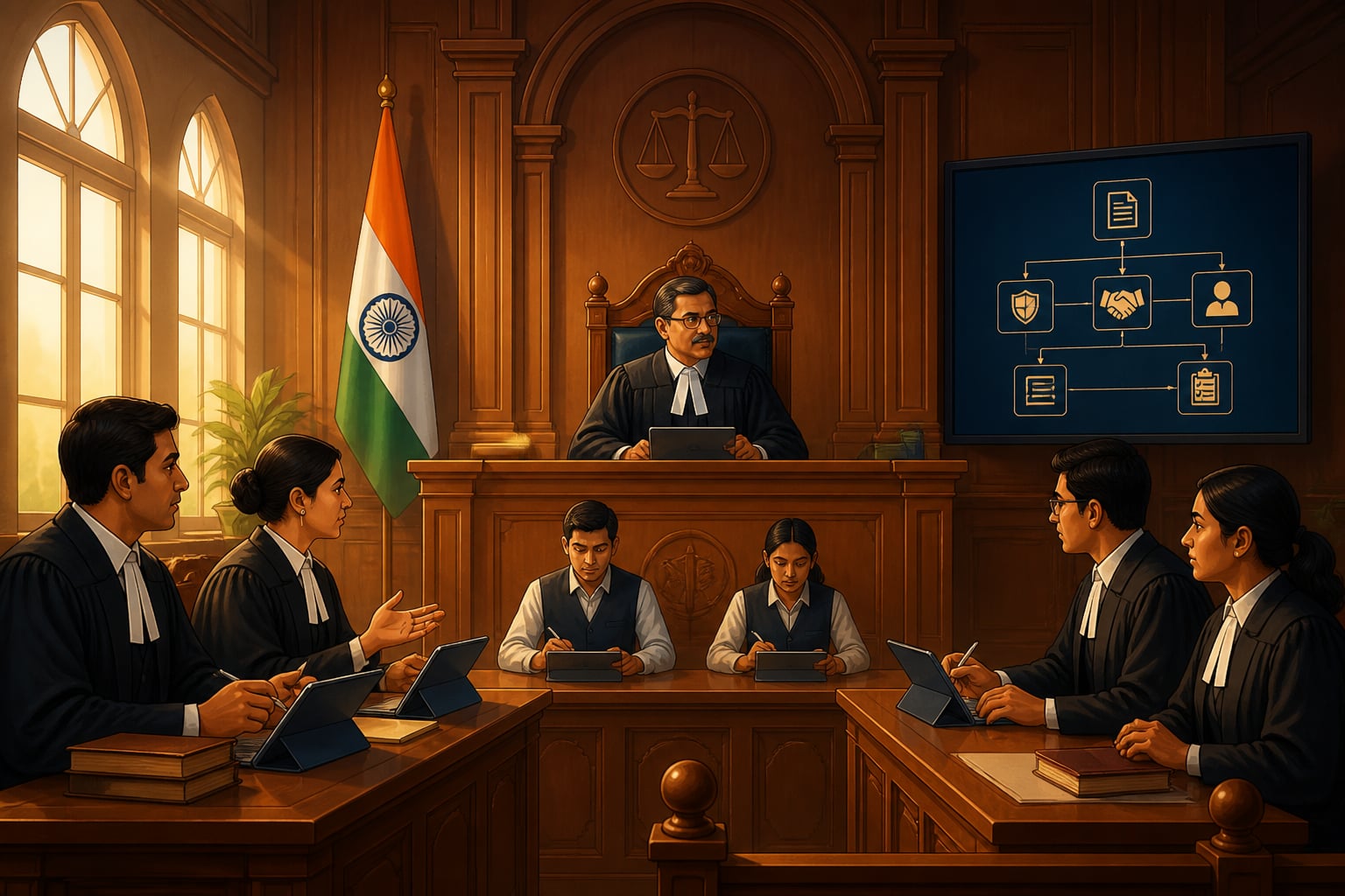 Modern Indian commercial courtroom with digital evidence screen