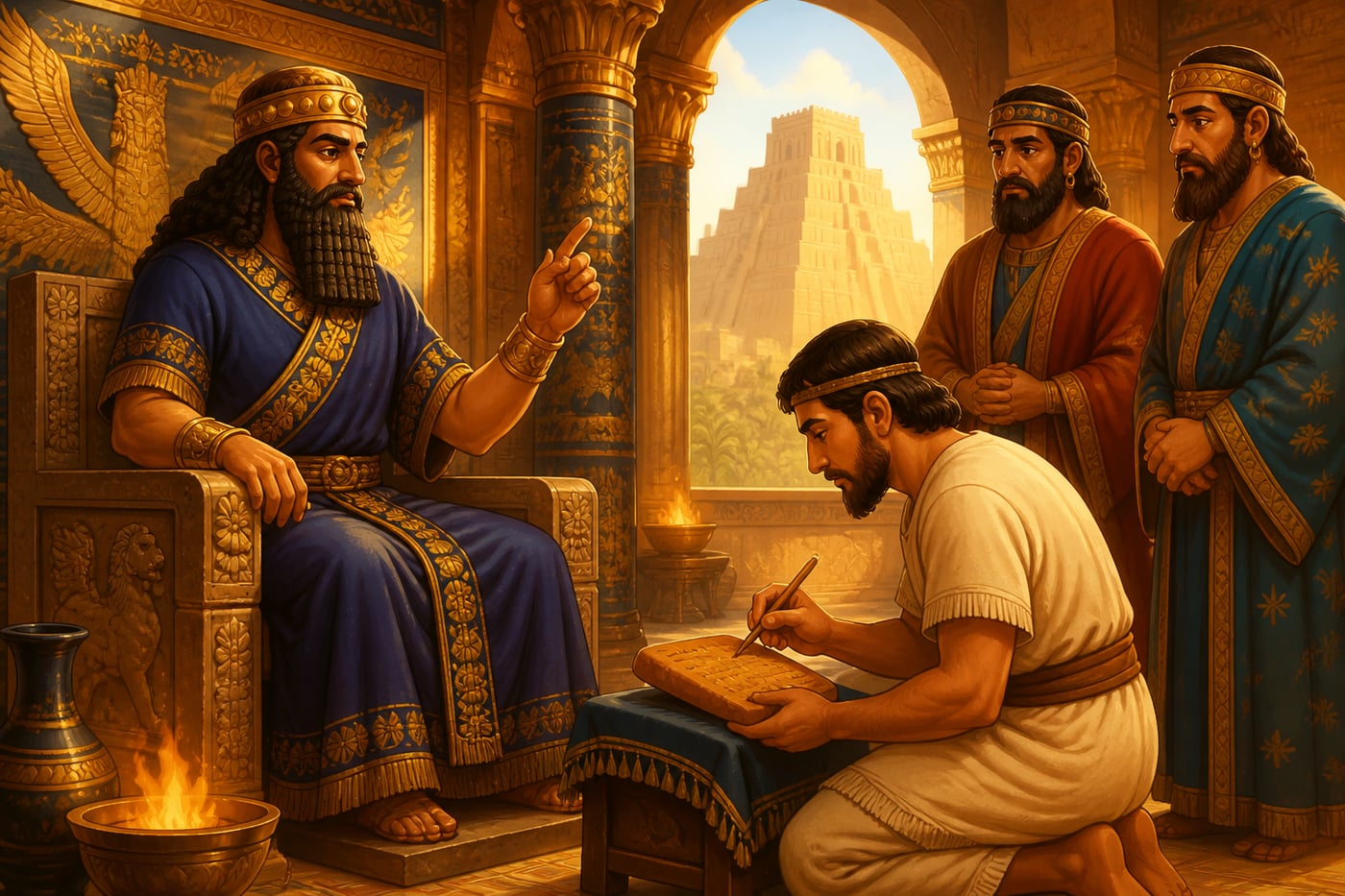 King Hammurabi dictating laws to a scribe in Babylon