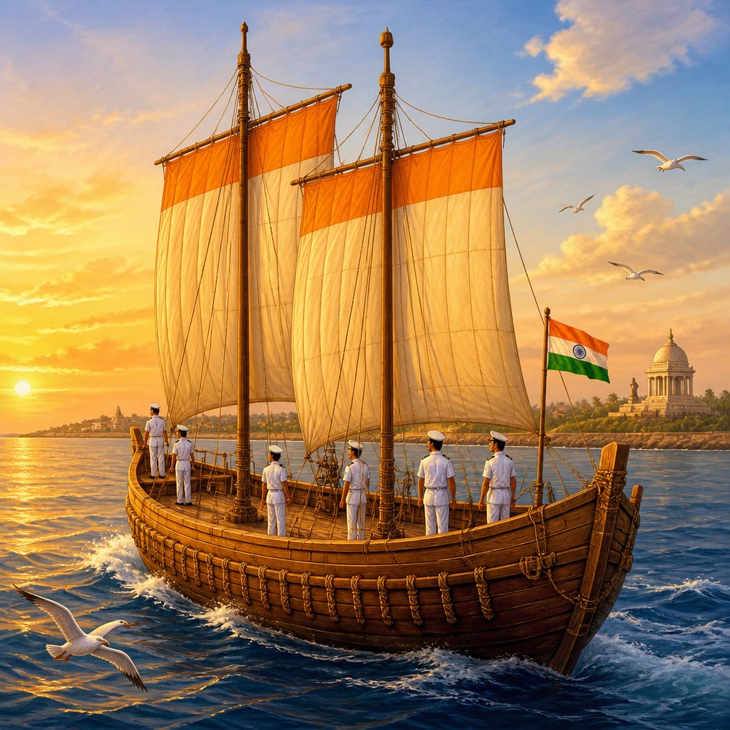 INSV Kaundinya stitched-plank ship departing Porbandar at dawn