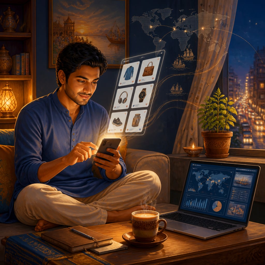 A young Indian shopper comparing prices across e-commerce apps