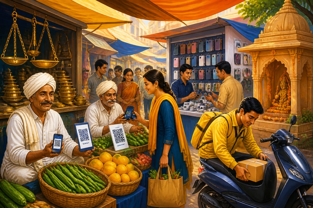 An Indian bazaar blending traditional vendors with digital payments