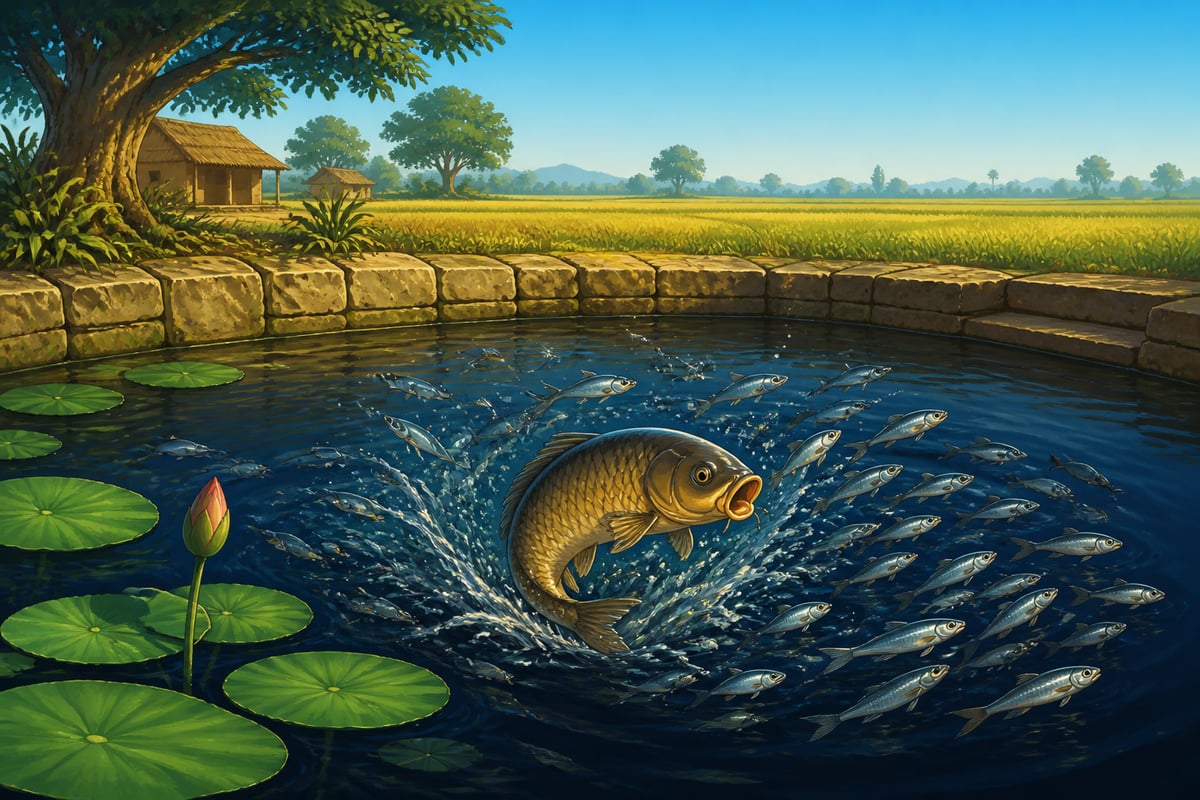 A large fish lunging at smaller fish in a still pond